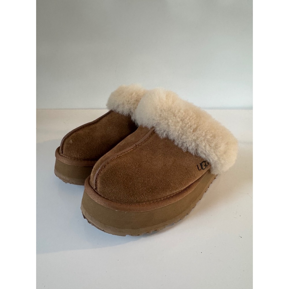 UGG Disquette Platform Suede Slippers Chestnut Brown Sheepskin Mules 1122550